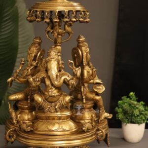 Brass Unique Revolving Sett Ganesha Laxmi Sarswati with Umbrella