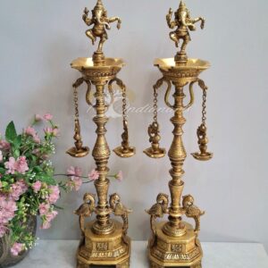 Brass Superfine Dancing Ganesha Lamps Pair