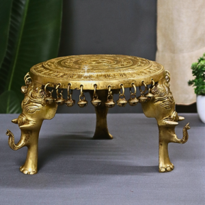 Beautifully Carved 3 Leg Unique Chowki with Hanging bells