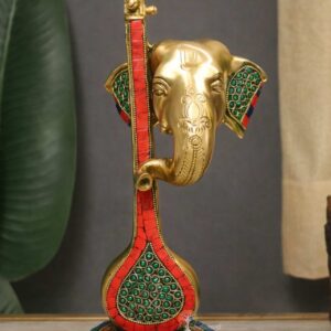 Lord Ganesha Head with Vina Brass Sculpture with Inlay Work For Home Decor/Gifting