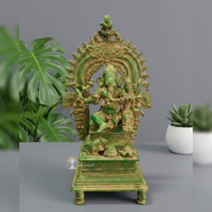 Brass  Vintage Green Finish Ganesha With Parbhawali & Laxmi Seated on Lap.
