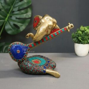 Brass Modern Ganesha Idol With Veena & Stone Work .
