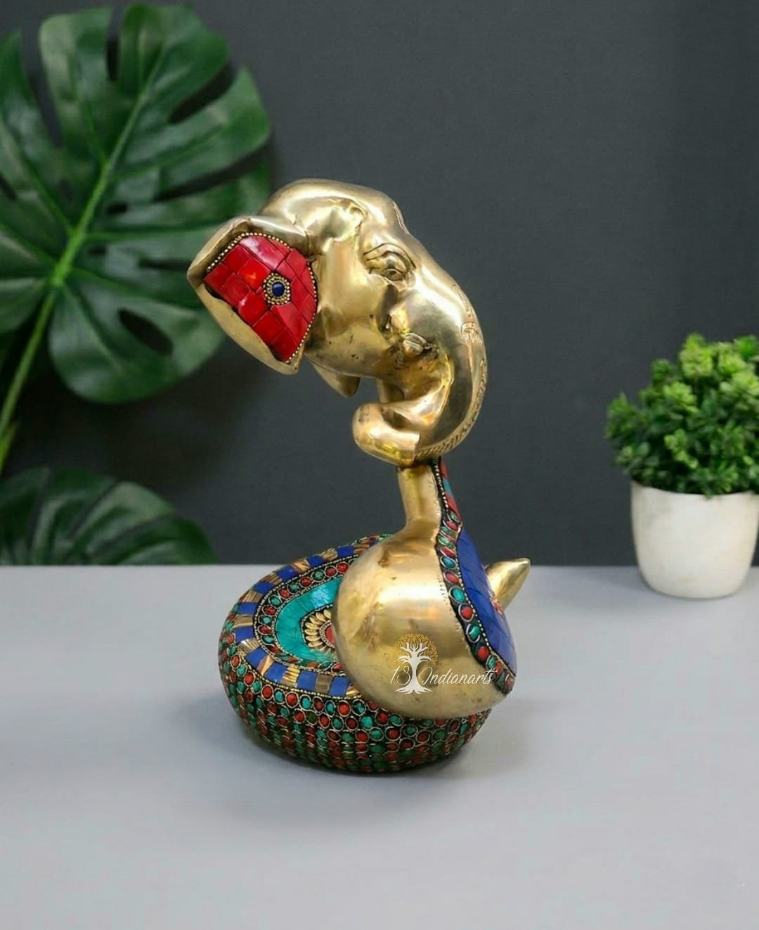 Brass Modern Ganesha Idol With Veena & Stone Work . - Image 3