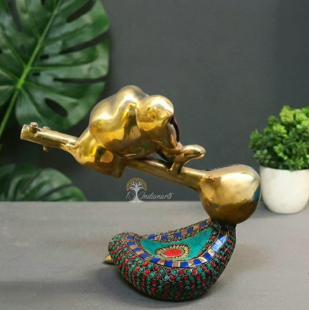Brass Modern Ganesha Idol With Veena & Stone Work . - Image 4