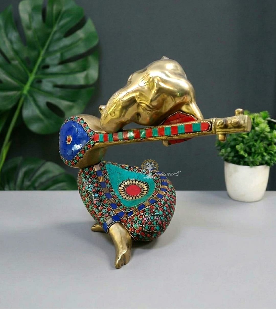 Brass Modern Ganesha Idol With Veena & Stone Work . - Image 2