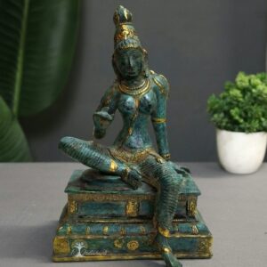 Brass Goddess Parvati Idol With Green & Gold Antique Finish.