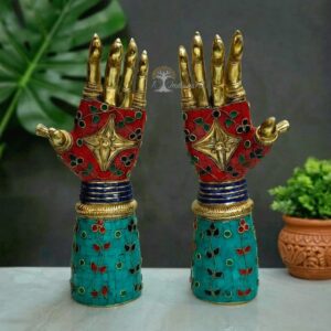 Pure Brass Blessing Hands With Turquoise Inlay Finish For Home Decor/ Gifting