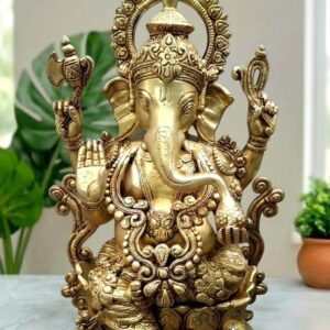 13" Brass Ganehsa Idol Seated on Lotus